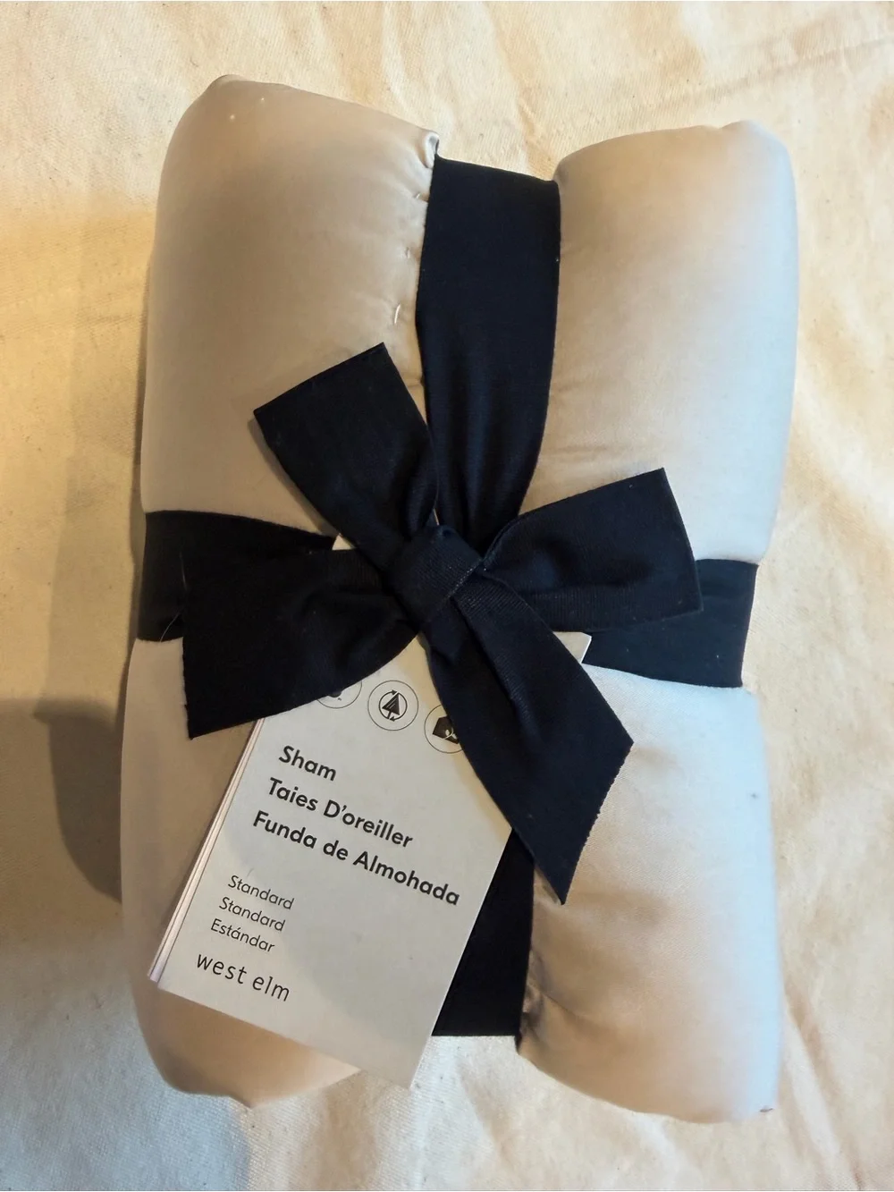 West Elm Cream Standard Pillow Sham with Black Tie Detail